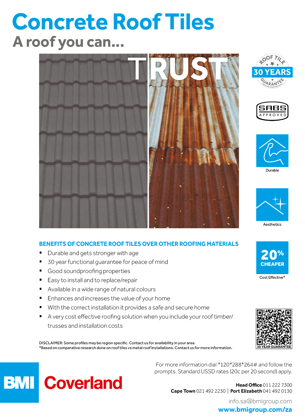 BMI Coverland - CONCRETE ROOF TILES MANUFACTURER November 2021 CAPE TOWN HOMEMAKERS Home Improvement Supplier Magazine  Concrete roof tile manufacturer in South Africa  BENEFITS OF CONCRETE ROOF TILES OVER OTHER ROOFING MATERIALS - Durable and gets stronger with age - 30 year functional guarantee for peace of mind - Good soundproofing properties - Easy to install and to replace repair - Available in a wide range of natural colours - Enhances and increases the value of your home - With the correct installation it provides a safe and secure home - A very cost effective roofing solution when you include your roof timber trusses and installation costs - Cost Effective* - Aesthetics - 30 YEAR GUARANTEE See full advert here  HOMEMAKERSonline co za Vetted Home Suppliers you can trust  https:  www homemakersonline co za listings bmi-coverland 