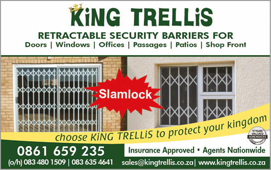 King Ttrellis - Retractable Security Barriers  November 2021 Cape Town HOMEMAKERS Home Improvement Supplier Magazine  Retractable security barriers for doors, windows, offices, passages, patios and shop fronts  Insurance approved and agents nationwide  https:  www homemakersonline co za listings king-trellis 