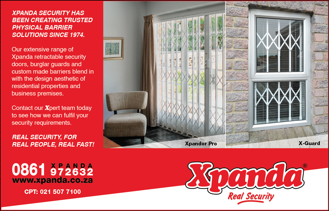 XPANDA SECURITY-  Security Barrier Solutions Contractor in Cape Town November 2021 CAPE TOWN HOMEMAKERS Home Improvement Supplier Magazine  Our extensive range of Xpanda retractable security doors, burglar guards and custom made barriers blend in with the design aesthetic of residential properties and business premises  Contact our Xpert team today to see how we can fulfil your security requirements  Real security for real people, real fast  https:  www homemakersonline co za listings xpanda-bloemfontein 