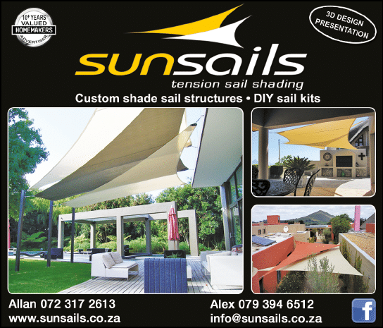 SUNSAILS  - Tension Sail Shading Contractor in Cape Town   HOMEMAKERS CAPE TOWN November 2021 Magazine  Home Improvement Suppliers and Contractors  Custom shade sail structures  DIY sail kits  https:  www homemakersonline co za listings sunsails 