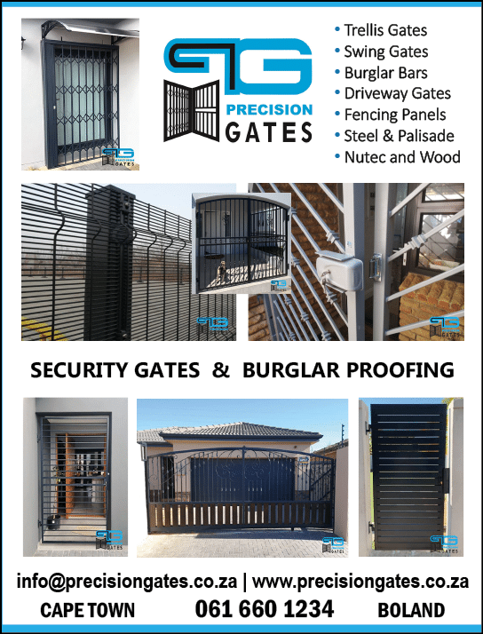 PRECISION GATES -  Security Gates & Burglar Proofing Contractor in Cape Town November 2021 CAPE TOWN HOMEMAKERS Home Improvement Supplier Magazine  Trellis gates  Swing gates  Burglar Bars  Driveway Gates  Fencing panels  Steel & Palisade  Nutec and Wood  https:  www homemakersonline co za listings precision-gates  