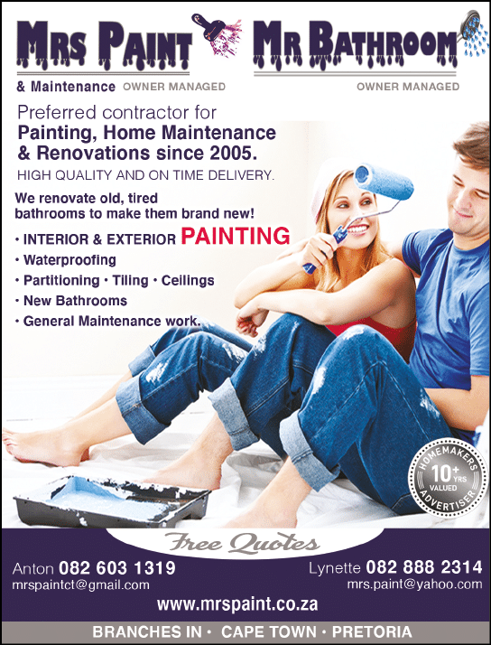 Mrs Paint and Mr Bathroom - Maintenance and Home Renovation  Contractor in Cape Town  November 2021 CAPE TOWN HOMEMAKERS Home Improvement Magazine and Home Contractors  Preferred contractor for painting, home maintenance & renovations since 2005  High quality workmanship and on time delivery  We renovate old, tired bathrooms to make them brand new  Painting  Waterproofing  Partitioning  Tiling  Ceilings  New bathrooms  General maintenance work https:  www homemakersonline co za listings mrs-paint-maintenance 
