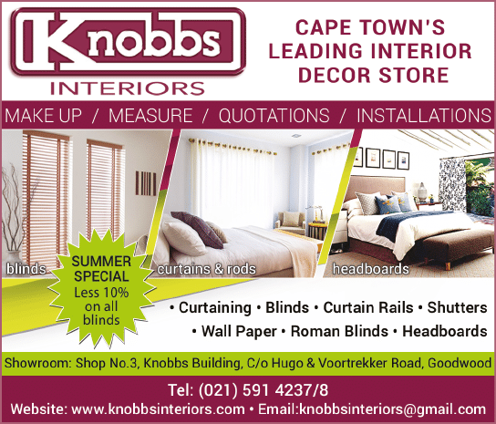 Knobbs Interiors  - Cape Town s Leading Interior Decor Store HOMEMAKERS CAPE TOWN November 2021 Magazine  Home Improvement Suppliers and Contractors  Curtaining  Blinds  Curtain rails  Shutters  Wall paper  Roman blinds  Headboards  For all your decor make up, measure and installations   https:  www homemakersonline co za listings budget-lapas 