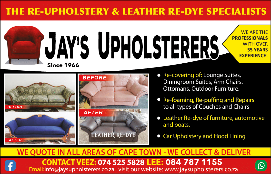 JAY S UPHOLSTERERS-  Re-Upholstery & Leather Re-Dye Specialists in Cape Town November 2021 CAPE TOWN HOMEMAKERS Home Improvement Supplier Magazine  Recovering of lounge suites, diningroom suites, arm chairs, ottomans, outdoor furniture  Re-foaming, re-puffing and repairs to all types of couches and chairs  Leather re-dye of furniture, automotive and boats Car upholstery and hood lining https:  www homemakersonline co za listings jays-upholsterers 