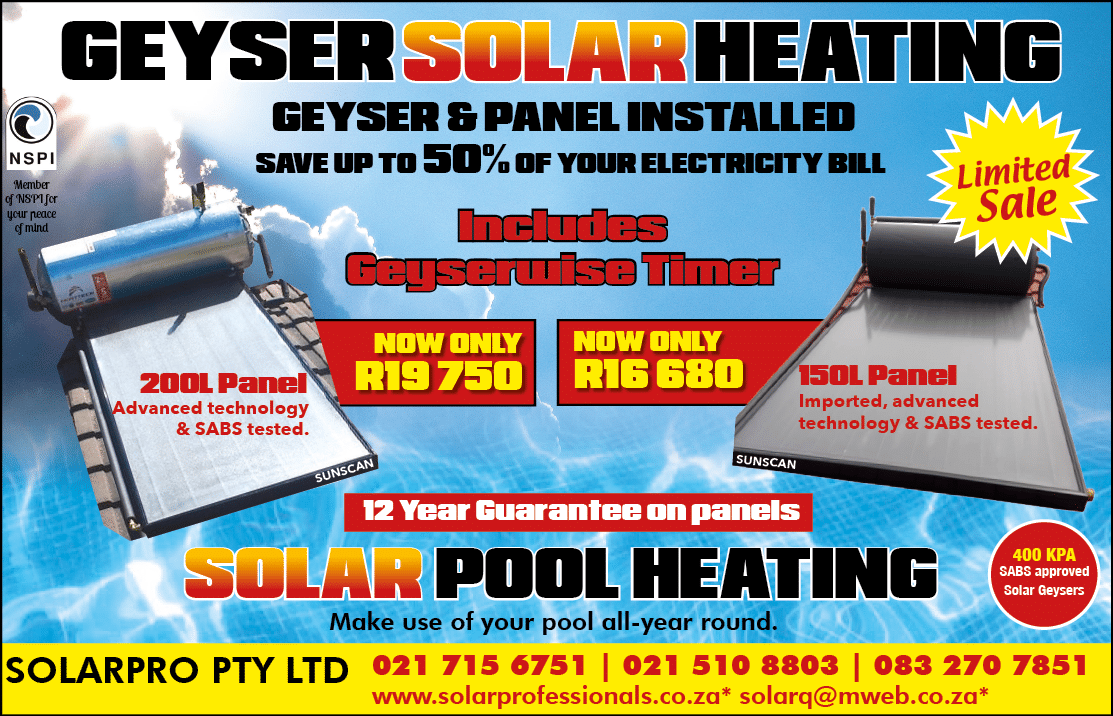 SOLARPRO - Solar Geyser Water Heating Contractor in Cape Town November 2021 CAPE TOWN HOMEMAKERS Home Improvement Supplier Magazine  Save up to 50% of your electricity bill   https:  www homemakersonline co za listings solarpro 