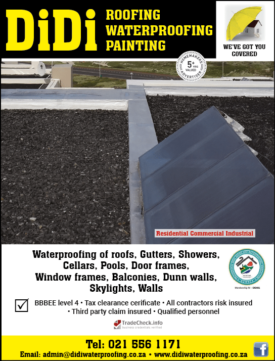 DIDI ROOFING WATERPROOFING AND PAINTING  - Roof Repairs Specialist in Cape Town   HOMEMAKERS CAPE TOWN November 2021 Magazine  Home Improvement Suppliers and Contractors  Waterproofing of roofs  Gutters  Showers  Cellars  Pools  Door frames  Window frames  Balconies  Dunn walls  Skylights  Walls  https:  www homemakersonline co za listings didi-roofing-waterproofing-painting 