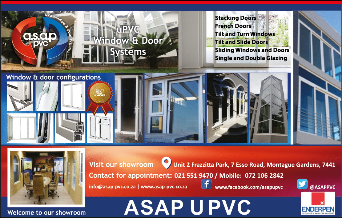 ASAP U PVC-  uPVC Window and Door Systems Specialists in Cape Town November 2021 CAPE TOWN HOMEMAKERS Home Improvement Supplier Magazine  Stacking doors  French doors  Tilt and Turn Windows  Tilt and Slide Doors  Sliding windows and doors  Single and double glazing  https:  www homemakersonline co za listings asap-upvc  