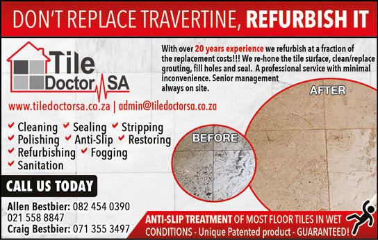 Tile Doctor SA  - Travertine Refurbishment Specialist in Cape Town   HOMEMAKERS CAPE TOWN November 2021 Magazine  Home Improvement Suppliers and Contractors  With over 20 years experience we refurbish at a fraction of the replacement costs  We re-hone the tile surface, clean replace grouting, fill holes and seal  A professional service with minimal inconvenience  Senior management always on site  https:  www homemakersonline co za listings tile-doctor 