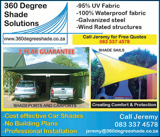 360 Degree shade solutions  - Shadeport and Carports Contractor in Cape Town   HOMEMAKERS CAPE TOWN November 2021 Magazine  Home Improvement Suppliers and Contractors  95% UV Fabric  100% Waterproof fabric  Galvanized steel  Wind rated structures  Cost effective car shades  No building plans  Professional Installation  https:  www homemakersonline co za listings budget-lapas 