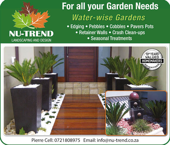 NU-TREND  - Landscaping and Design Contractor in Cape Town November 2021 CAPE TOWN HOMEMAKERS Home Improvement Supplier Magazine  For all your garden needs  Water-wise gardens  Edging  Pebbles  Cobbles  Pavers  Pots  Retainer walls  Crash clean-ups  Seasonal treatments  https:  www homemakersonline co za listings alplas  