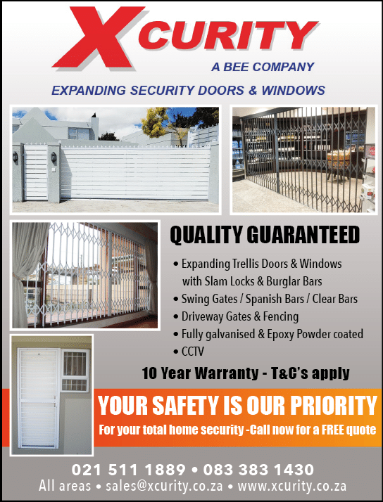 XCURITY  - Expanding Security Doors and Windows Contractor in Cape Town November 2021 CAPE TOWN HOMEMAKERS Home Improvement Supplier Magazine  Quality guaranteed  Expanding trellis doors and windows  Swing gates  Spanish bars  Clear bars  Driveway gates & fencing  Fully galvanised and epoxy powder coated  CCTV  https:  www homemakersonline co za listings xcurity 