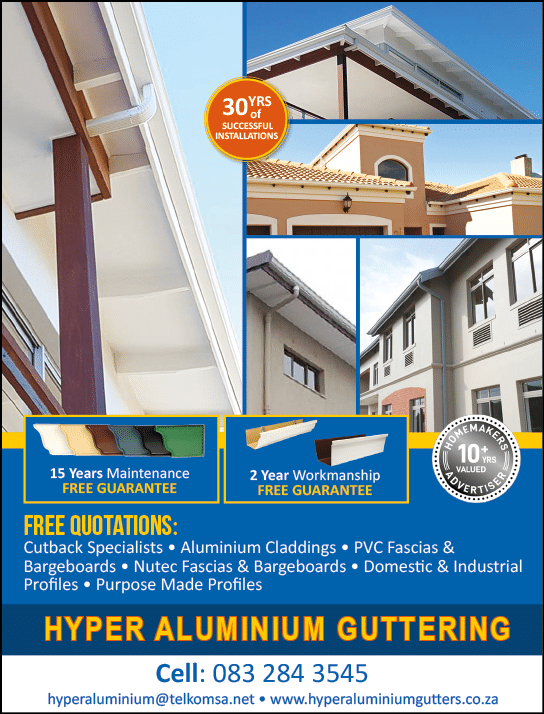 HYPER ALUMINIUM GUTTERS - Gutter Contractor in Cape Town November 2021 CAPE TOWN HOMEMAKERS Home Improvement Supplier Magazine  Cutback specialists  Aluminium cladding  PVC Fascias and Bargeboards  Nutec Fascias and Bargeboards  Domestic & Industrial Profiles  Purpose made profiles  https:  www homemakersonline co za listings hyper-aluminium-guttering 
