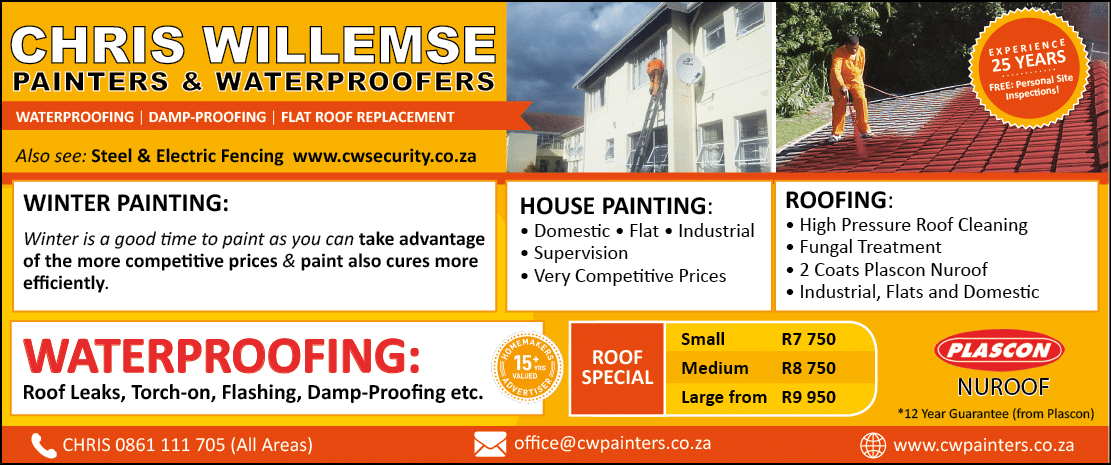 CHRIS WILLEMSE PAINTERS  - Painters and Waterproofers in Cape Town  HOMEMAKERS CAPE TOWN October 2021 Magazine  Home Improvement Suppliers and Contractors  House painting  Roofing  Waterproofing  Dampproofing https:  www homemakersonline co za listings chris-willemse-painters-waterproofers  