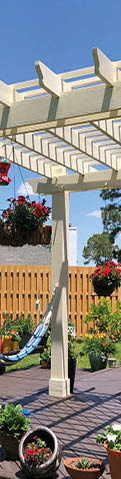 Backyard oasis with a shadow box fence and pergola