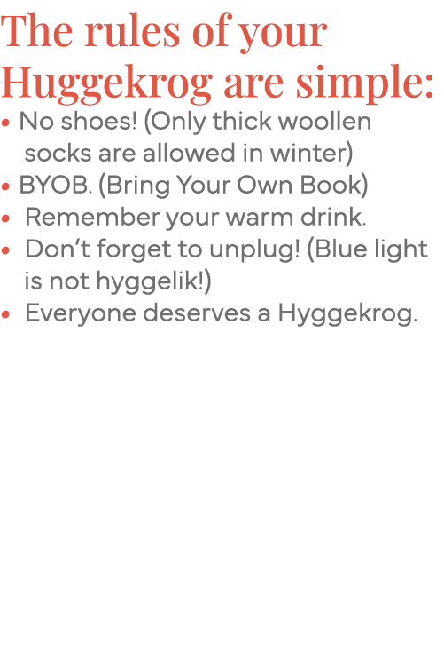 The rules of your Huggekrog are simple:   No shoes  (Only thick woollen   socks are allowed in winter)   BYOB  (Bring   