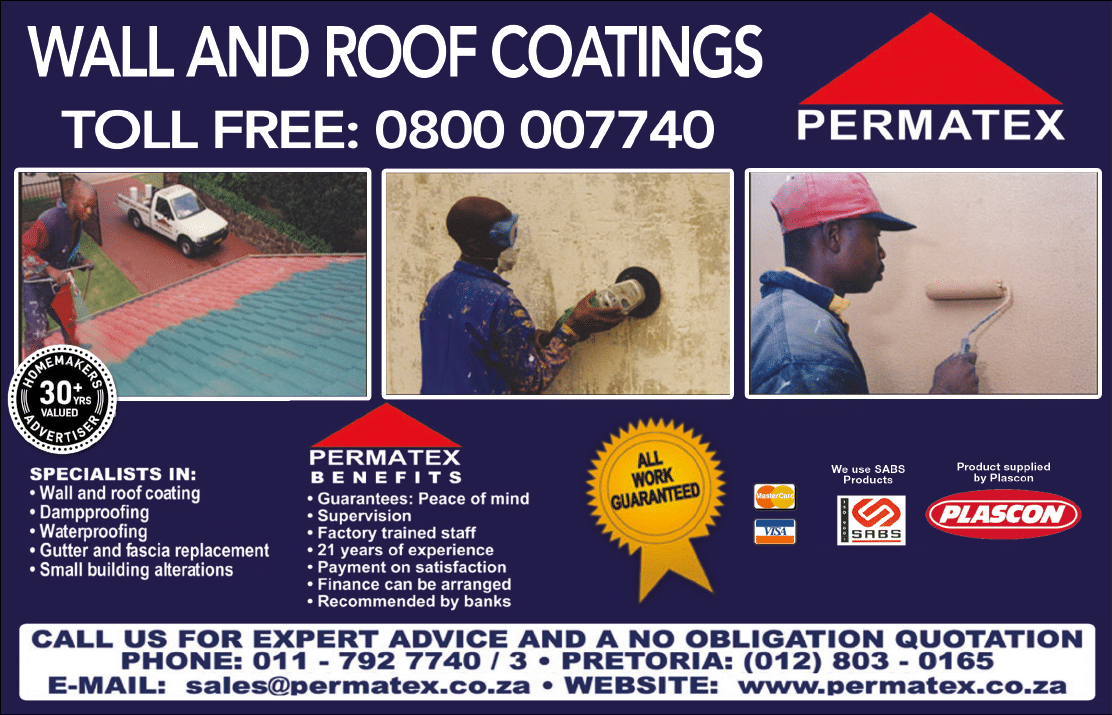 PERMATEX-WALL AND ROOF COATINGS SPECIALISTS  IN JOHANNESBURG November 2021 johannesburg HOMEMAKERS Home Improvement Supplier Magazine  Wall and roof coatings  Dampproofing  Waterproofing  Gutter and fascia replacement  Small building alterations  