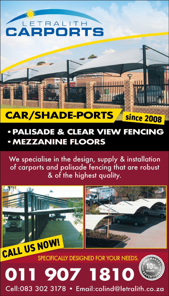 Letralith Carports  IN JOHANNESBURG November 2021 Johannesburg HOMEMAKERS Home Improvement Supplier Magazine  Car and shadeports manufacturer and installer in Johannesburg  Also palisade fencing and clear view fencing  Mezzanine floors  https:  www homemakersonline co za listings letralith-carports 