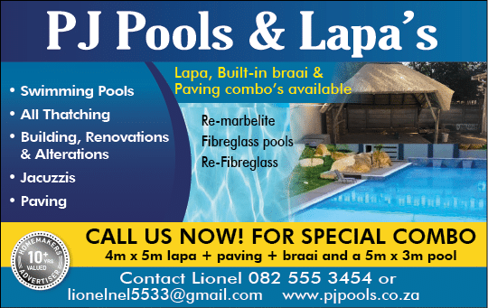 PJ POOLS AND LAPA S - THATCHING AND POOL CONTRACTORS IN JOHANNESBURG November 2021 Johannesburg HOMEMAKERS Home Improvement Supplier Magazine  We also do swimming pools  Thatching  Building and renovations  Jacuzzis  Paving  Phone us for a quote on your entertainment area  https:  www homemakersonline co za listings pj-pools-lapas 