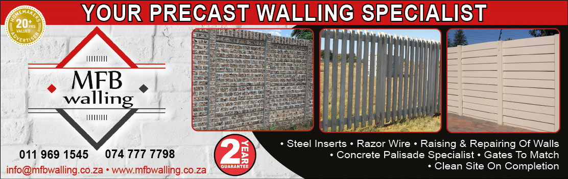 MFB Walling - Precast Walling l SUPPLIER IN JOHANNESBURG November 2021 Johannesburg HOMEMAKERS Home Improvement Magazine  https:  www homemakersonline co za listings mfb-walling 