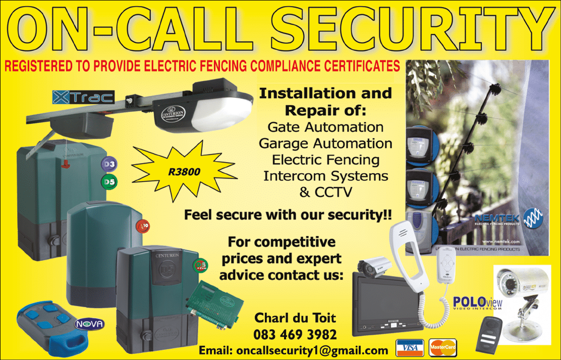 ON-CALL SECURITY - SECURITY SPECIALIST  IN JOHANNESBURG November 2021 johannesburg HOMEMAKERS Home Improvement Supplier Magazine  Installation and repair of gate automation, garage automation, electric fencing, intercom systems and cctv https:  www homemakersonline co za listings on-call-security 