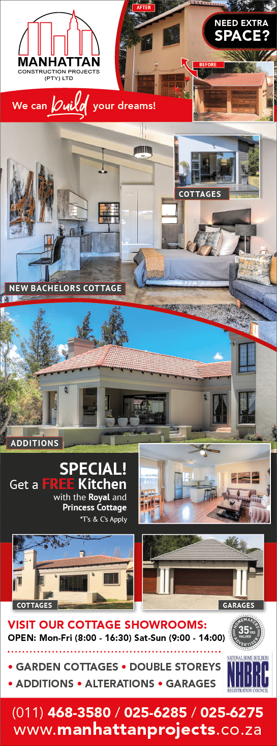 MANHATTAN PROJECTS - BUILDING  CONTRACTORS IN JOHANNESBURG November 2021 Johannesburg HOMEMAKERS Home Improvement Supplier Magazine  Bachelor cottages and additions to any home  https:  www homemakersonline co za listings manhattan-projects 
