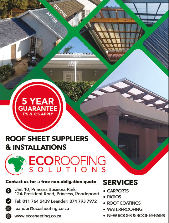 Ecoroofing solutions - roof sheet SUPPLIER IN JOHANNESBURG November 2021 Johannesburg HOMEMAKERS Home Improvement Supplier Magazine  https:  www homemakersonline co za listings eco-roofing-solutions 