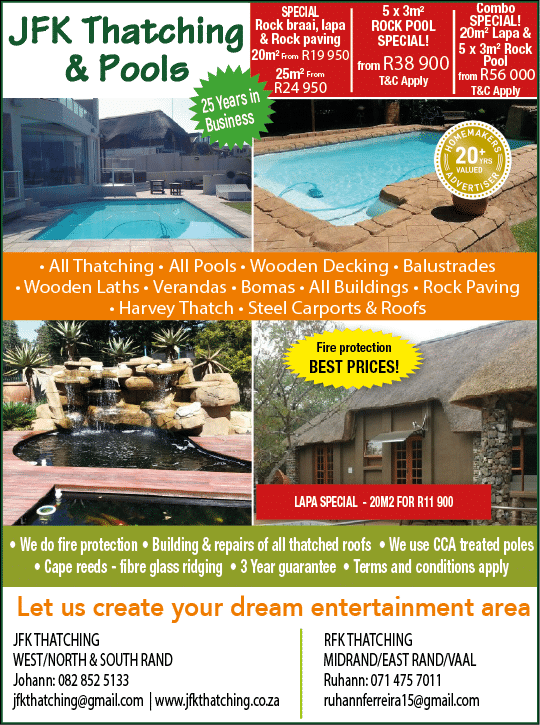 JFK THATCHING AND POOLS - THATCHING CONTRACTOR IN JOHANNESBURG November 2021 Johannesburg HOMEMAKERS Home Improvement Supplier Magazine  Fire protection of thatches  Building and repairs of all thatch roofs  We use CCA treated poles  Cape reeds  3 Year guarantee   https:  www homemakersonline co za listings jfk-thatching-rock-pools  https:  www homemakersonline co za listings skylights-roof-windows 