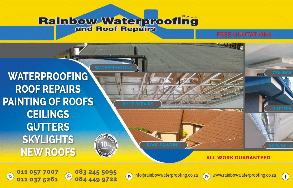 RAINBOW WATERPROOFING - WATERPROOFING AND ROOF REPAIRS SPECIALISTS IN JOHANNESBURG November 2021 johannesburg HOMEMAKERS Home Improvement Supplier Magazine  Waterproofing  Roof repairs  Painting of roofs  Ceilings  Skylights  New roofs  https:  www homemakersonline co za listings rainbow-waterproofing 