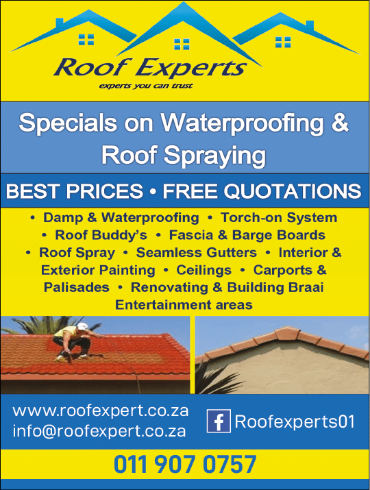 ROOF EXPERTS - ROOFING CONTRACTORS IN JOHANNESBURG November 2021 Johannesburg HOMEMAKERS Home Improvement Supplier Magazine  Dampproofing and waterproofing  Torch-on systems  Roof buddy s  Fascia and barge boards  Roof spray  Seamless gutters  Interior and exterior painting  Ceilings  Carports and Palisades  Renovating and building  https:  www homemakersonline co za listings roof-experts 