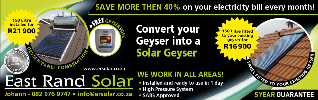 East Rand Solar - solar geyser supplier in JOHANNESBURG  November 2021 johannesburg HOMEMAKERS Home Improvement Supplier Magazine  Convert your geyser into a solar geyser  https:  www homemakersonline co za listings east-rand-solar 