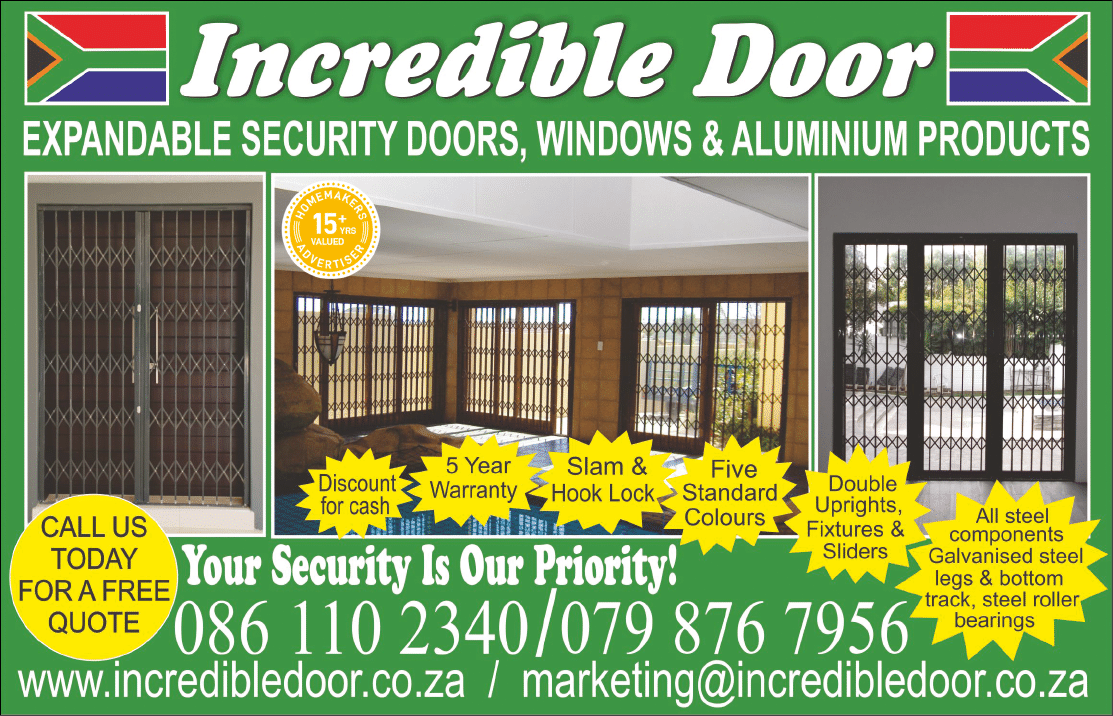Incredible door - EXPANDABLE SECURITY DOORS CONTRACTOR IN JOHANNESBURG November 2021 Johannesburg HOMEMAKERS Home Improvement Supplier Magazine  Expandable security doors and windows  Aluminium doors and windows  https:  www homemakersonline co za listings incredible-door  
