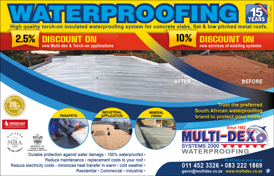 MULTI-DEX WATERPROOFING - WATERPROOFING SPECIALISTS IN JOHANNESBURG November 2021 Johannesburg HOMEMAKERS Home Improvement Supplier Magazine  High quality torch-on insulated waterproofing system for concrete slabs, flat and low pitched metal roofs  https:  www homemakersonline co za listings multi-dex-waterproofing 