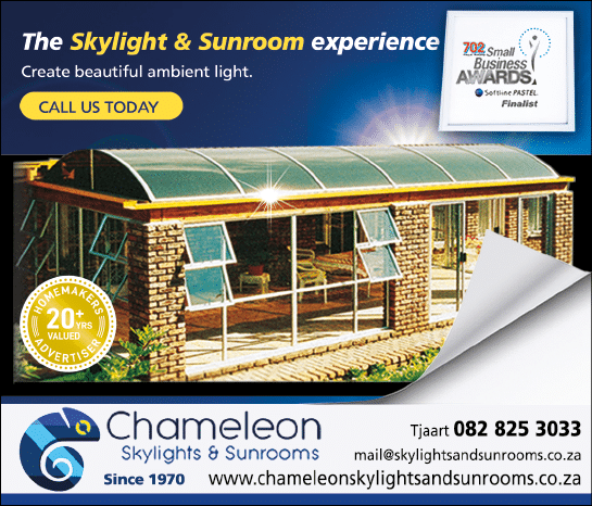 Chameleon Skylights and Sun rooms November 2021 Johannesburg HOMEMAKERS Home Improvement Supplier Magazine  The skylight and sunroom specialists https:  www homemakersonline co za listings chameleon-skylights-and-sunrooms 