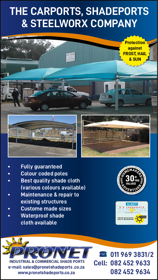 PRONET SHADEPORTS - SHADEPORT SPECIALISTS November 2021 Johannesburg HOMEMAKERS Home Improvement Supplier Magazine  Industrial and commercial shadeport specialists  Fully guaranteed work and colour coded posles  Best quality shade cloth  Repairs to existing structures https:  www homemakersonline co za listings chameleon-skylights-and-sunrooms 