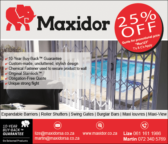 MAXIDOR - EXPANDABLE SECURITY DOORS IN JOHANNESBURG November 2021 Johannesburg HOMEMAKERS Home Improvement Supplier Magazine  Security products and barriers specialists  https:  www homemakersonline co za listings maxidor-boksburg 