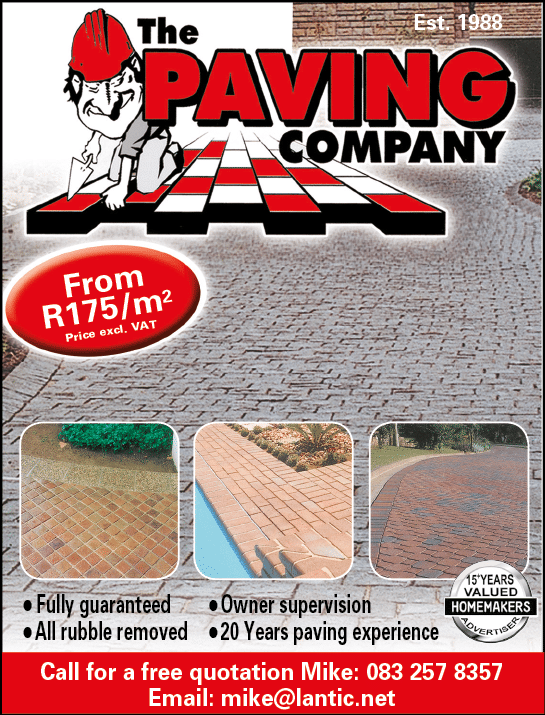 THE PAVING COMPANY - PAVING CONTRACTOR IN JOHANNESBURG November 2021 Johannesburg HOMEMAKERS Home Improvement Supplier Magazine  Fully guaranteed workmanship  All rubble removed  https:  www homemakersonline co za listings the-paving-company 