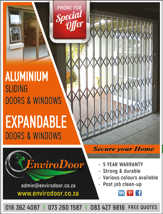 ENVIRO DOOR - ALUMINIM SLIDING DOORS AND WINDOWS IN JOHANNESBURG November 2021 Johannesburg HOMEMAKERS Home Improvement Supplier Magazine  ALSO SECURITY DOORS  Strong and durable doors  Various colours available for doors  Post job clean up  https:  www homemakersonline co za listings enviro-door