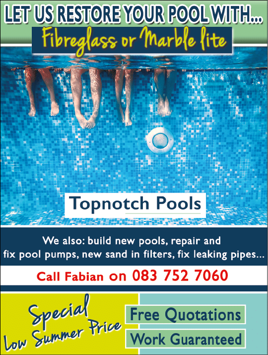 TOPNOTCH POOLS - POOL SPECIALISTS  IN JOHANNESBURG November 2021 Johannesburg HOMEMAKERS Home Improvement Supplier Magazine  Let us restore your pool with fibreglass or marble lite  We also build new pools, repair and fix pool pumps, new sand in filters and fix leaking pipes  https:  www homemakersonline co za listings topnotch-pools 