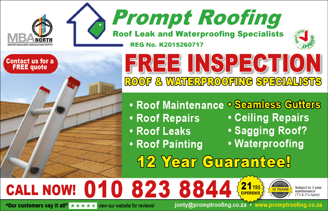 PROMPT ROOFING - ROOF LEAK AND WATERPROOFING SPECIALISTS IN JOHANNESBURG November 2021 Johannesburg HOMEMAKERS Home Improvement Supplier Magazine  Roof and waterproofing specialists  Roof repairs  Roof leaks  Roof painting  Celing  https:  www homemakersonline co za listings prompt-roofing 