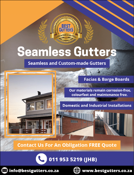 Best Gutters - Seamless and custom made gutters November 2021 Johannesburg HOMEMAKERS Home Improvement Supplier Magazine  Fascias, barge boards  Our materials remain corrosion free, colourfast and maintenance free  Domestic and industrial installations  Contact us for a free quote  https:  www homemakersonline co za listings best-gutters 
