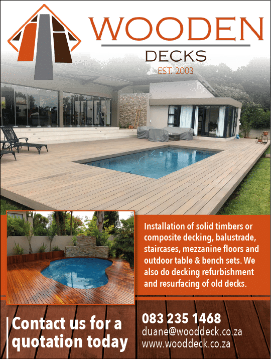 WOODEN DECKS - DECKING SPECIALISTS IN JOHANNESBURG November 2021 Johannesburg HOMEMAKERS Home Improvement Supplier Magazine  Installation of solid timbers or composite decking, balustrading, staircases, mezzanine floors and outdoor table and bench sets  We also do decking refurbishment and resurfacing of old decks  https:  www homemakersonline co za listings wooden-decks-2 