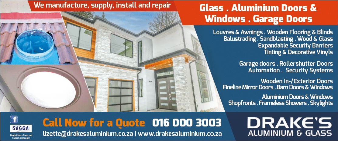 DRAKE S ALUMINIUM AND GLASS - ALUMINIUM DOORS AND WINDOWS CONTRACTOR IN JOHANNESBURG November 2021 Johannesburg HOMEMAKERS Home Improvement Supplier Magazine  Louvre awnings  Wooden flooring and blinds  Balustrading  Sandblasting  Wood and glass  Expandable security barriers  Tinting and decorative vinyls  Garage doors  Rollershutter doors  https:  www homemakersonline co za listings drakes-aluminium-glass 