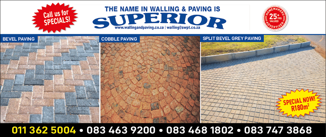 SUPERIOR PAVING - WALLING AND PAVING CONTRACTOR IN JOHANNESBURG November 2021 Johannesburg HOMEMAKERS Home Improvement Supplier Magazine  Bevel paving  Cobble paving  Split bevel grey paving  https:  www homemakersonline co za listings superior-walling-and-paving  