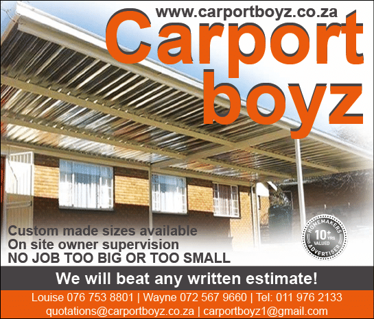CARPORT BOYZ - CARPORT CONTRACTOR IN JOHANNESBURG November 2021 Johannesburg HOMEMAKERS Home Improvement Supplier Magazine  Custom carport sizes available  https:  www homemakersonline co za listings carport-boyz 