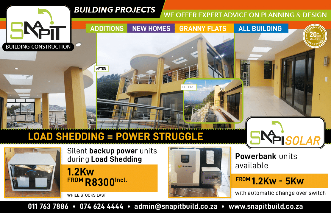 SNAPIT - BUILDING AND CONSTRUCTION CONTRACTOR IN JOHANNESBURG November 2021 Johannesburg HOMEMAKERS Home Improvement Supplier Magazine  Expert advice on planning and design  Additions  New homes  Granny flats  All building  https:  www homemakersonline co za listings snapit-building-contractors 