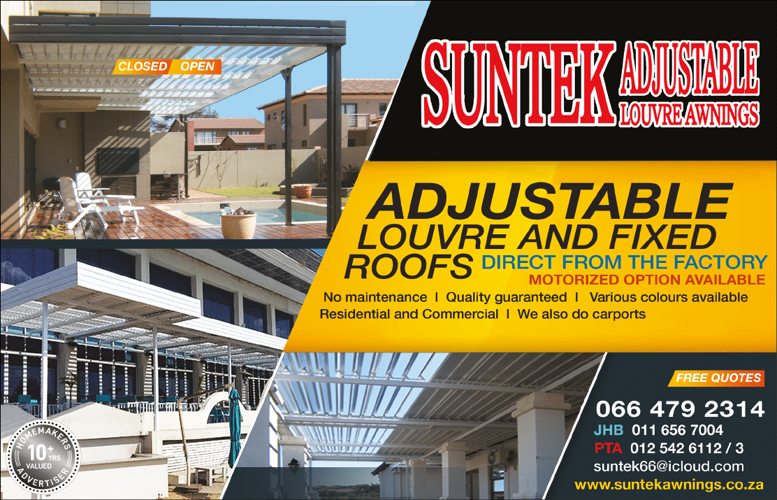 SUNTEK-ADJUSTABLE LOUVRE AWNINGS SPECIALISTS  IN JOHANNESBURG November 2021 johannesburg HOMEMAKERS Home Improvement Supplier Magazine  Direct from factory  Motorized awnings available  No maintenance  Quality guaranteed  Various colour awnings to choose from  https:  www homemakersonline co za listings suntek-adjustable-louvre-awnings 