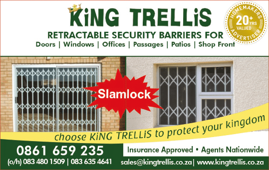 KING TRELLIS - ADJUSTABLE SECURITY BARRIER SPECIALISTS  IN JOHANNESBURG November 2021 johannesburg HOMEMAKERS Home Improvement Supplier Magazine  Retractable security barrier for doors, windows, offices, passages, patios and shop fronts  https:  www homemakersonline co za listings king-trellis 