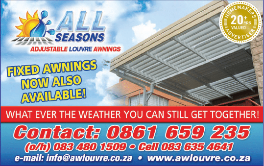 ALL SEASONS AWNINGS - ADJUSTABLE LOUVRE AWNINGS SPECIALISTS IN JOHANNESBURG November 2021 johannesburg HOMEMAKERS Home Improvement Supplier Magazine  Also fixed awnings  https:  www homemakersonline co za listings all-seasons-adjustable-louvre-awnings 