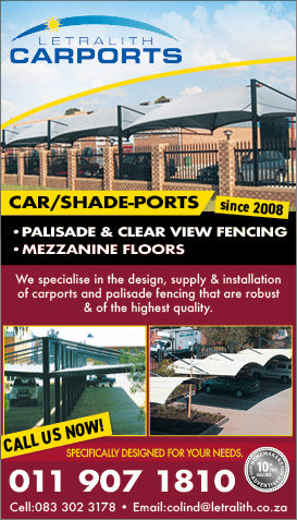 Letralith Carports  IN JOHANNESBURG November 2021 Johannesburg HOMEMAKERS Home Improvement Supplier Magazine  Car and shadeports manufacturer and installer in Johannesburg  Also palisade fencing and clear view fencing  Mezzanine floors  https:  www homemakersonline co za listings letralith-carports 