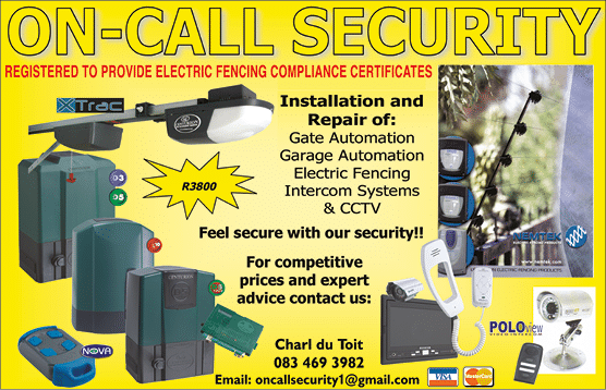 ON-CALL SECURITY - SECURITY SPECIALIST  IN JOHANNESBURG November 2021 johannesburg HOMEMAKERS Home Improvement Supplier Magazine  Installation and repair of gate automation, garage automation, electric fencing, intercom systems and cctv https:  www homemakersonline co za listings on-call-security 